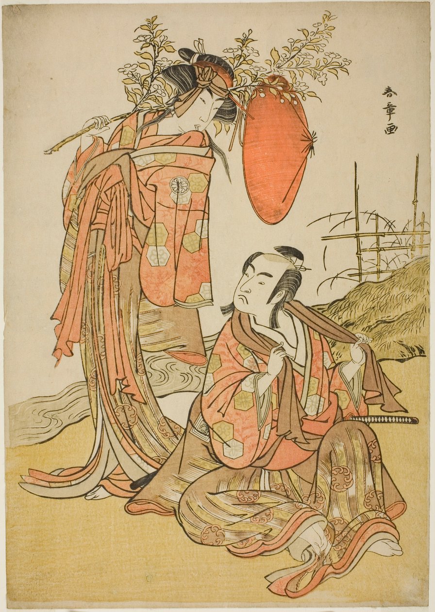 A színészek Ichikawa Monnosuke II és Segawa Kikunojo III, mint a Lovers Seijuro (jobbra) és Onatsu (balra), a "Michiyuki Hiyoku no Kiku-cho" (An Elopemet: Krizantém és pillangó szerelmesmadarak) szökésjelenetben, táncbejátszás a filmből. A Pla második rész alkotó: Katsukawa Shunsho