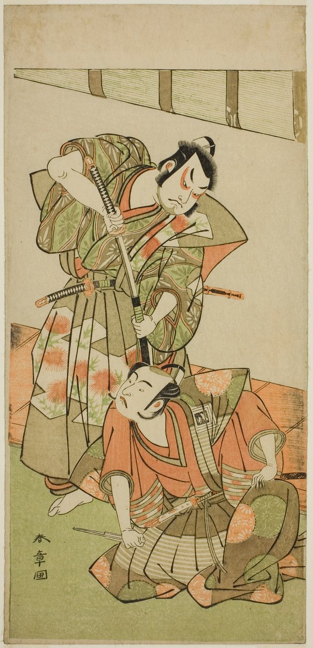 A színészek Ichikawa Yaozo II, mint Konoshita Hyokichi (?) (jobbra), és Sakata Hangoro II mint Matsunaga Daizen Hisahide (?) (balra), a Gion Sairei Shinko Ki (?) című darabban, az Ichimura Színházban (?) Ötödik hónap, 1775 (?) alkotó: Katsukawa Shunsho