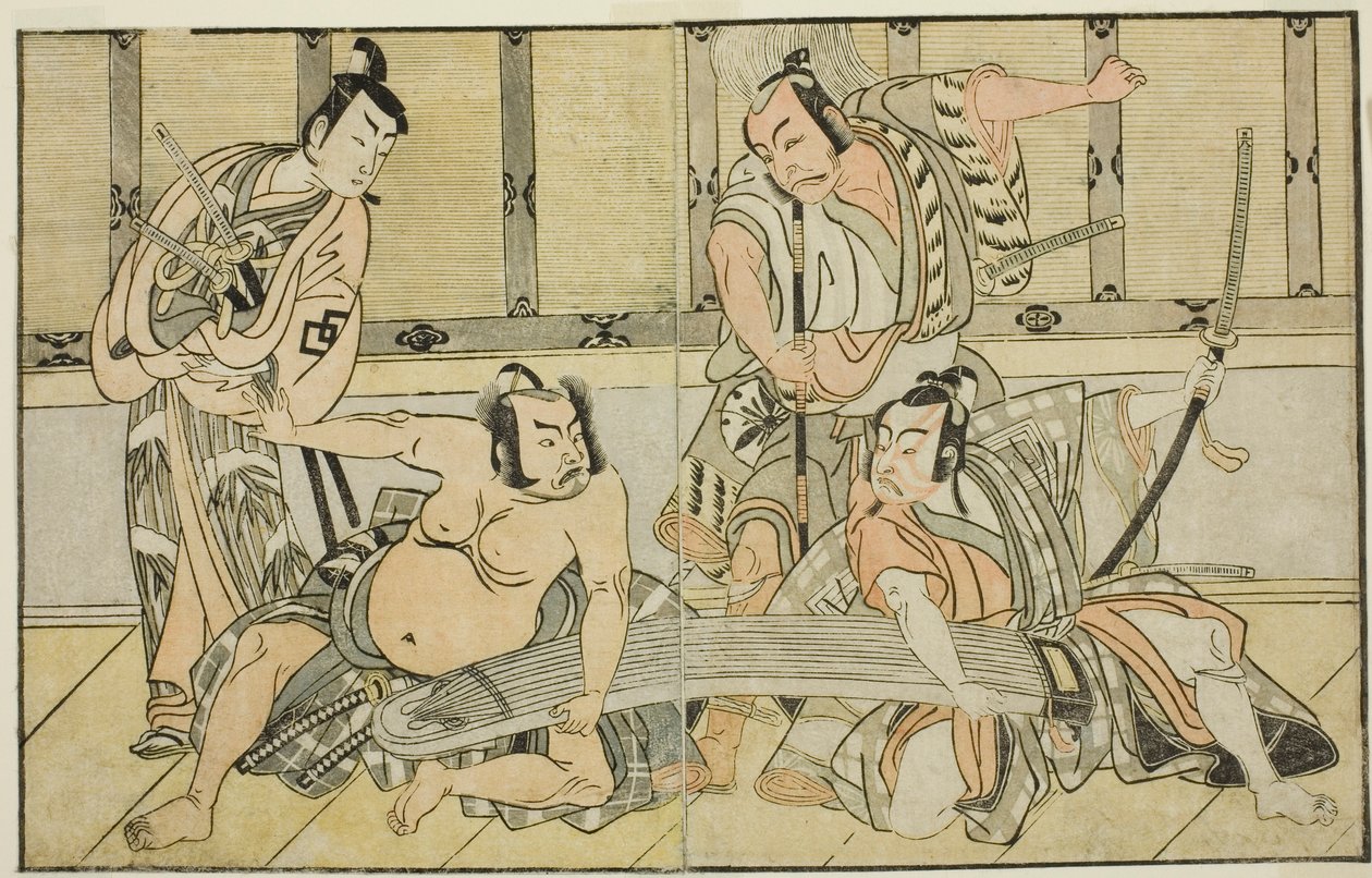 A színészek Ichikawa Yaozo II mint Kujaku no Saburo, Matsumoto Koshiro II mint Hata no Daizen Taketora, Nakajima Mihoemon II mint Aramaki Mimishiro és Nakamura Shocho I mint Ki no Tsurayuki (jobbról balra), a Kuni no Hana Ono no Itsumoji című darabban, Elő alkotó: Katsukawa Shunsho