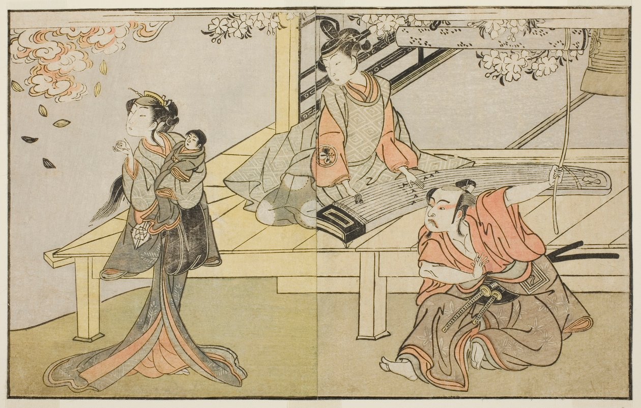A színészek Ichikawa Yaozo II, mint Yoshimine no Munesada (jobbra), Yoshizawa Sakinosuke III mint Shizuya (középen), és Nakamura Matsue I mint Sakuragi (balra), a Kuni no Hana Ono no Itsumoji című darabban, a Nakamura Színházban a tizenegyedikben. Hónap, 1 alkotó: Katsukawa Shunsho