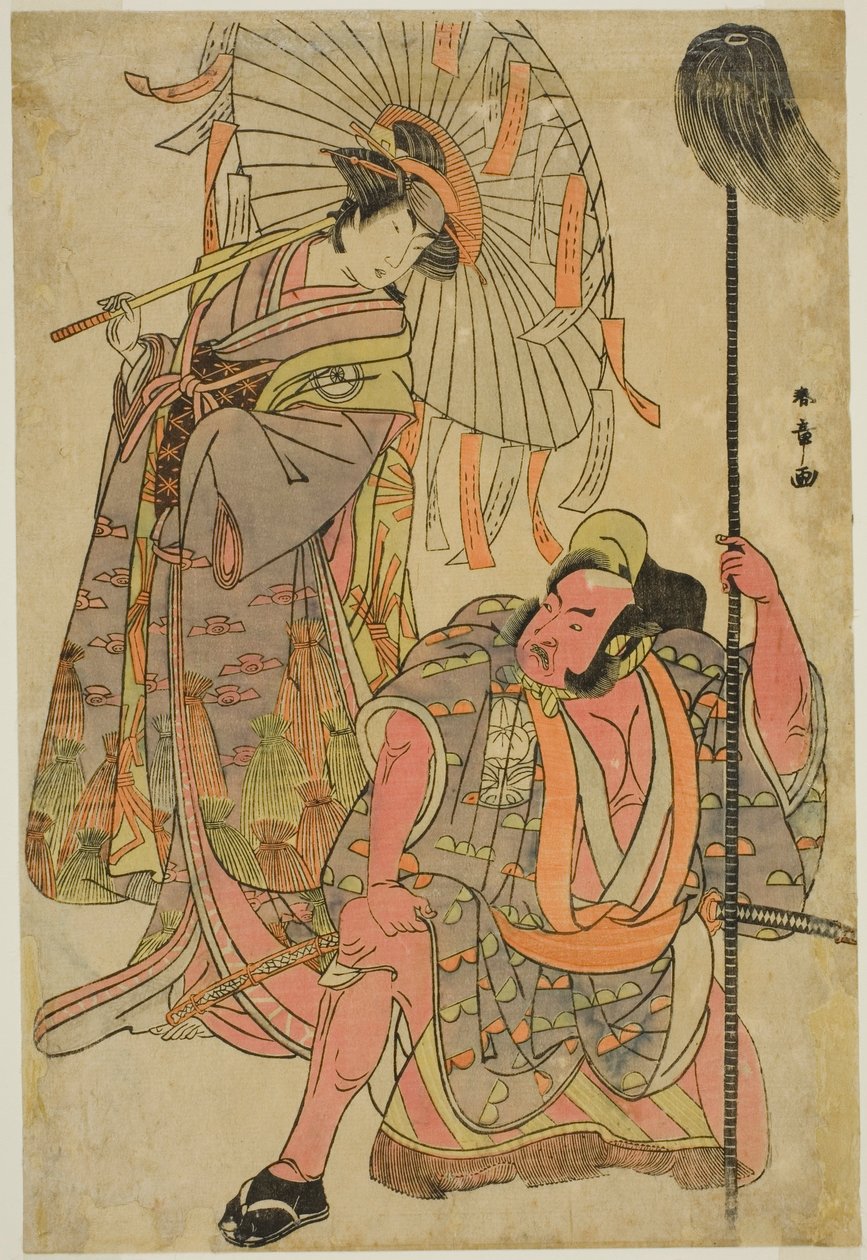 A színészek Ichimura Uzaemon IX, mint Hata no Daizen Taketora, Yakko Mataheinek álcázva (jobbra), és Iwai Hanshiro IV Umegaeként, a vers-jósló Omatsu (balra) az Ichimura Színházban előadott Mukashi Otoko Yuki no Hinagata című darabban. a t alkotó: Katsukawa Shunsho