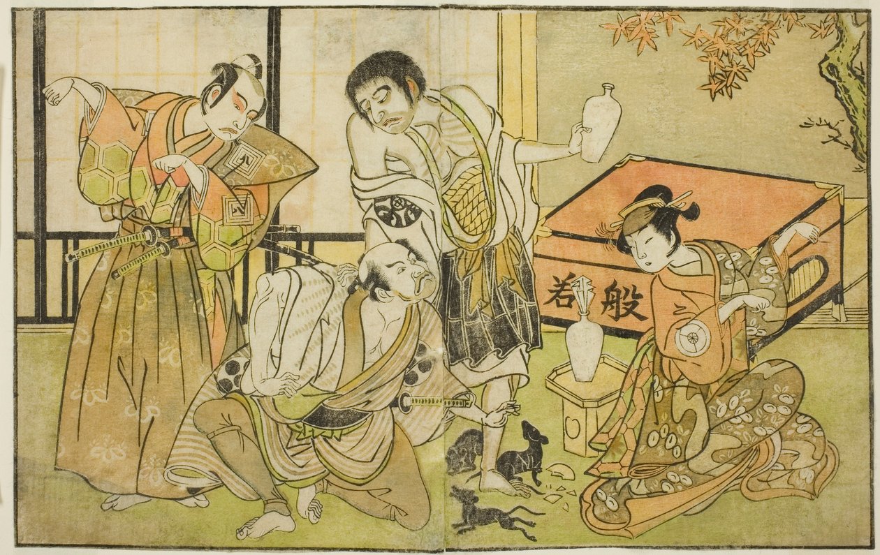 A színészek Iwai Hanshiro IV mint Otatsu-gitsune, Nakamura Nakazo I mint Raigo Ajari, Sakata Tojuro III mint Kamada Gon-no-kami Masayori, és Ichikawa Yaozo II mint Sakon-gitsune (jobbról balra), a „Nue no Mori” című darabban Ichiyo no Mato" előadták a Naka alkotó: Katsukawa Shunsho