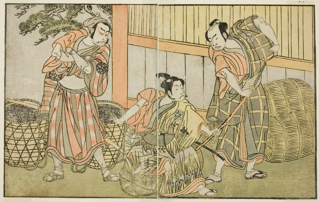 A színészek Kasaya Matakuro II Hagun Taro szerepében (jobbra), Ichikawa Monnosuke II Izutsu no Suke Narihira (középen), Nakamura Nakazo I pedig Kose no Kanaoka, Sogoro, a szénkészítő szerepében, a Kuni no Hana Ono no Itsumoji című darabban előadva a Nakáná alkotó: Katsukawa Shunsho