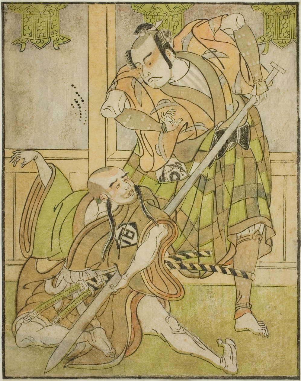 Kasaya Matakuro II Nobuyoriként Yakko Gunnaiként (jobbra), Miyazaki Hachizo pedig Hambyo Nyudo laikus szerzetesként (balra), a Nue no Mori Ichiyo no Mato című darabban, amelyet a 11. hónapban mutattak be a Nakamura Színházban. alkotó: Katsukawa Shunsho