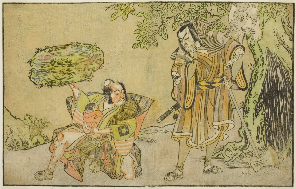 A színészek Matsumoto Koshiro II, mint Osada no Taro Kagemune A Favágó Gankutsu no Gorozo (jobbra) és Ichikawa Danzo III mint Én no Hayata Tadazumi (balra), a Nue no Mori Ichiyo no Mato című darabban, amelyet a Nakamura Színházban mutattak be a Tizenegy alkotó: Katsukawa Shunsho