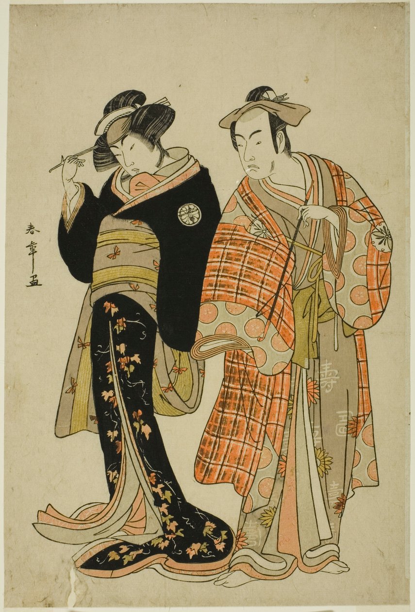 A színészek Matsumoto Koshiro IV és Segawa Kikunojo III, mint a Lovers Choemon (jobbra) és Ohan (balra), a "Michiyuki Segawa no Adanami" (Egy szökés: Áruló hullámok a sekély folyóban) szökésjelenetben, táncbejátszás a második részből a Play alkotó: Katsukawa Shunsho