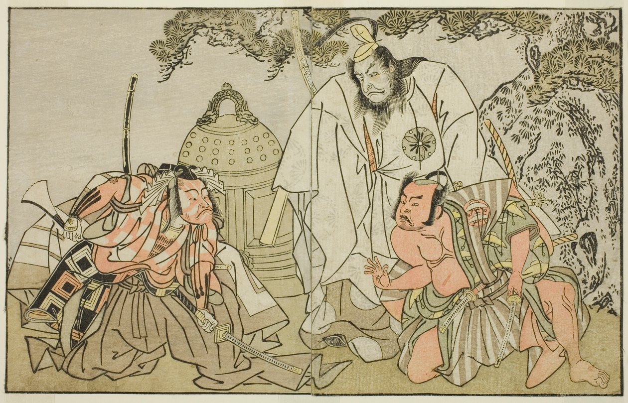 A színészek Nakajima Mihoemon II mint Aramaki Mimishiro (jobbra), Matsumoto Koshiro II mint Otomo no Yamanushi (középen), és Ichikawa Danzo III mint Hannya no Goro (balra), a Kuni no Hana Ono no Itsumoji című darabban, a Nakamura Színházban. a tizenegyedik alkotó: Katsukawa Shunsho