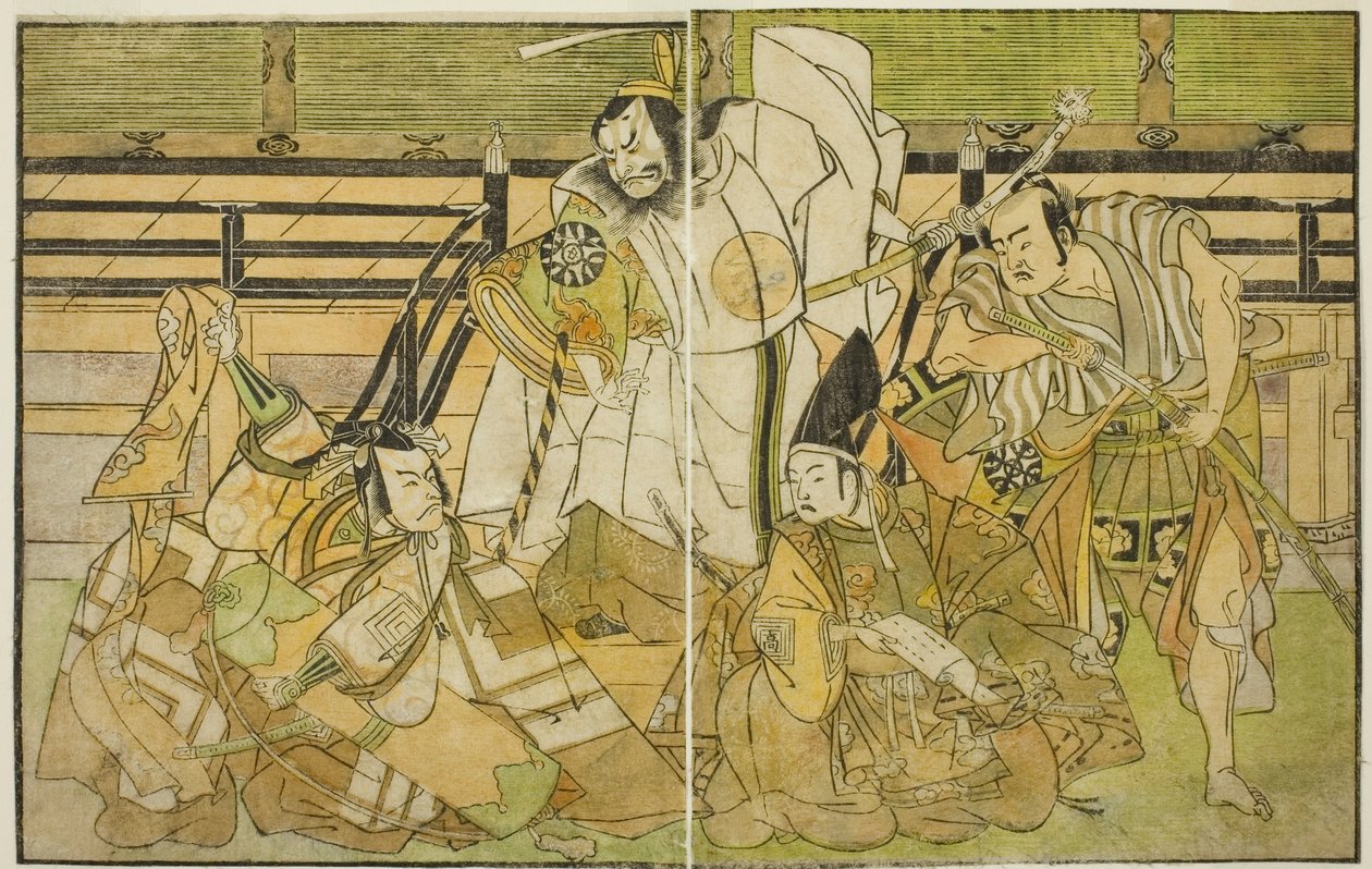 A színészek Nakamura Denkuro II Seno-o Taroként, Ichikawa Komazo II mint Yorimasa, Nakamura Nakazo I mint Taira no Kiyomori, és Ichikawa Danjuro V mint Kiou Takiguchi (jobbról balra), a Nue no Mori Ichiyo no Mato című darabban, Előadás: a Nakamura Színház  alkotó: Katsukawa Shunsho