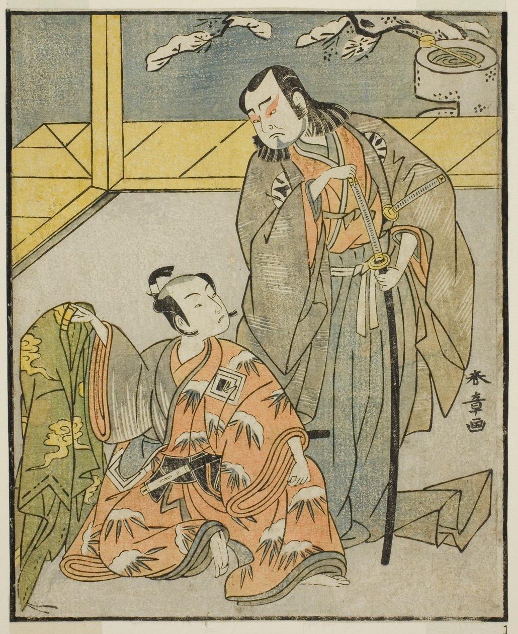 A színészek Nakamura Denkuro II, mint Suma no Dairyo (jobbra), és Ichikawa Komazo II mint Ariwara no Yukihira (balra), a Kuni no Hana Ono no Itsumoji című darabban, a Nakamura Színházban a tizenegyedik hónapban, 1771 alkotó: Katsukawa Shunsho