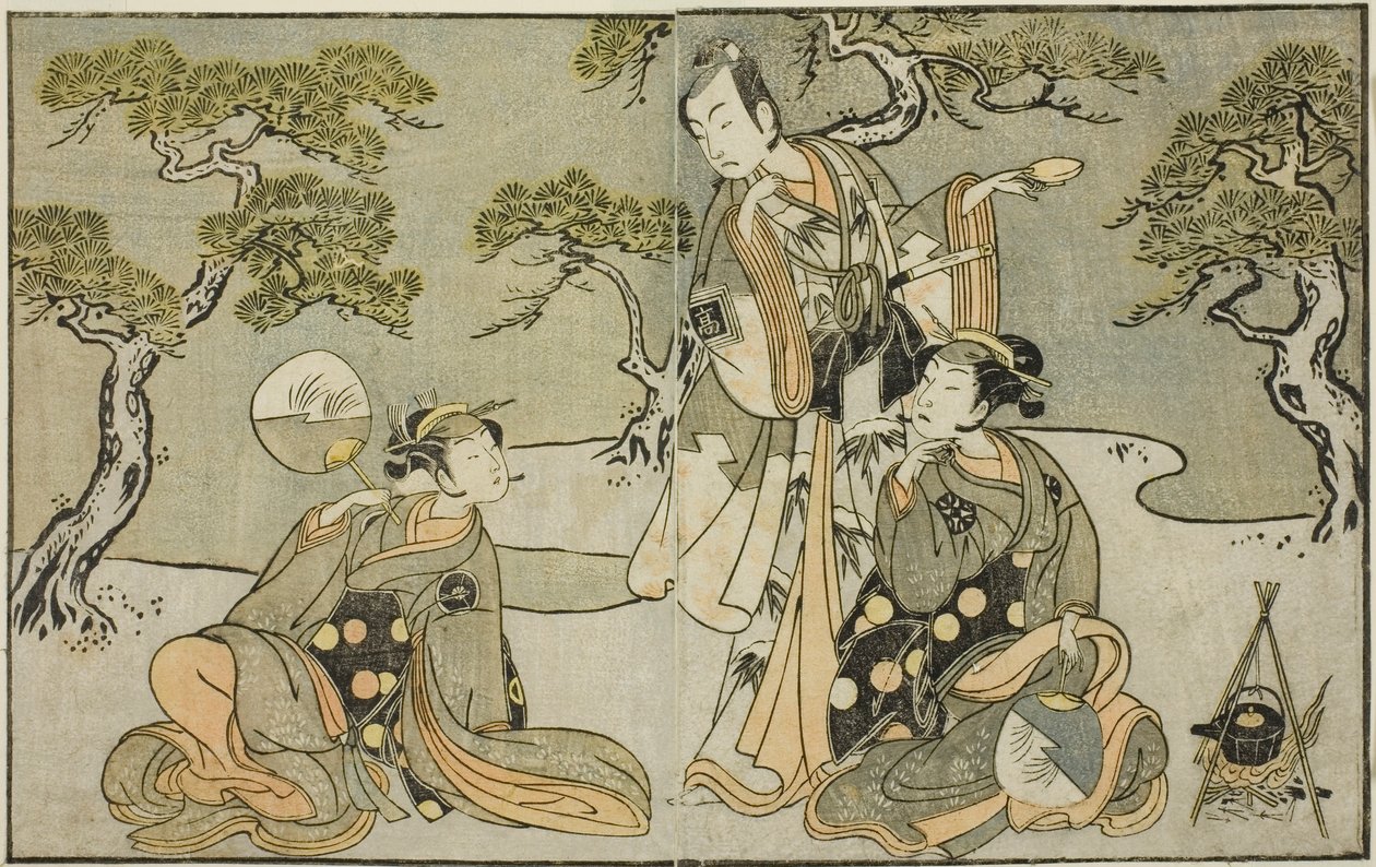 A színészek Nakamura Nakazo I mint Matsukaze (jobbra), Ichikawa Komazo II mint Ariwara no Yukihira (középen), és Iwai Hanshiro IV mint Murasame (balra), a Kuni no Hana Ono no Itsumoji című darabban, a Nakamura Színházban a tizenegyedikben. Hónap, 1771 alkotó: Katsukawa Shunsho
