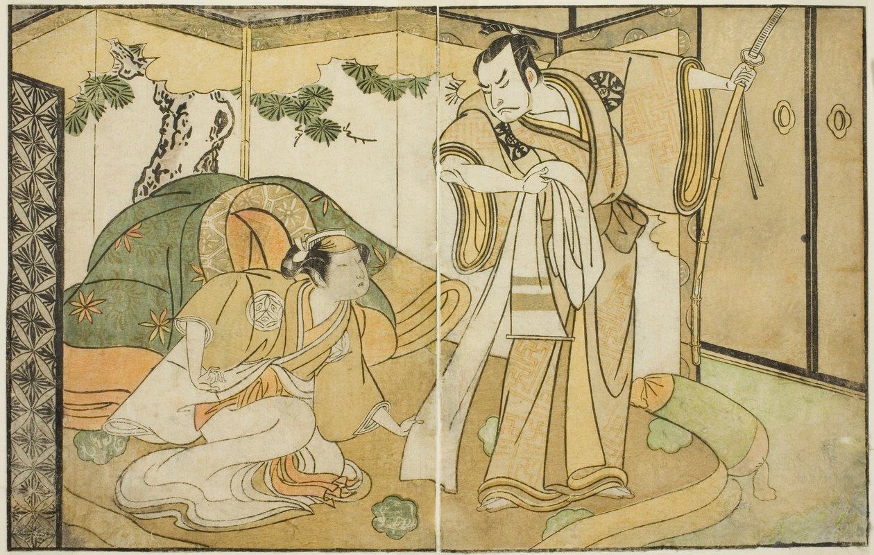 A színészek Nakamura Nakazo I, mint Taira no Kiyomori (jobbra), és Yamashita Kinsaku II mint Tokiwa Gozen (balra), a Nue no Mori Ichiyo no Mato című darabban, a Nakamura Színházban a tizenegyedik hónapban, 1770 alkotó: Katsukawa Shunsho