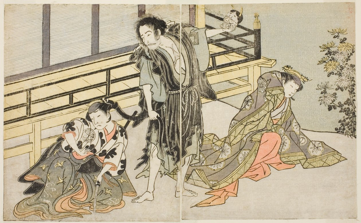 A színészek Nakamura Noshio I mint Nyosan no Miya (jobbra), Ichikawa Danjuro V mint a Renegade Monk Yochin (középen), és Yamashita Kinsaku II mint a szobalány Mutsuhana (balra), a Fuki Kaete Tsukimo Yoshiwara című darabban, amelyet a Morita Színházban muta alkotó: Katsukawa Shunsho