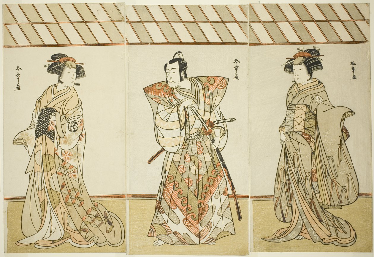 A színészek Onoe Tamizo I, mint Nishikigi (?) vagy Otae (?) (jobbra), Ichikawa Danjuro V mint Miura Heidayu Kunitae (?) (középen), és Osagawa Tsuneyo II mint Oyuki (?) (balra), a játék dátumában Nishiki Tsui no Yumitori (?), a Morita Színházban (?) a K-i alkotó: Katsukawa Shunsho