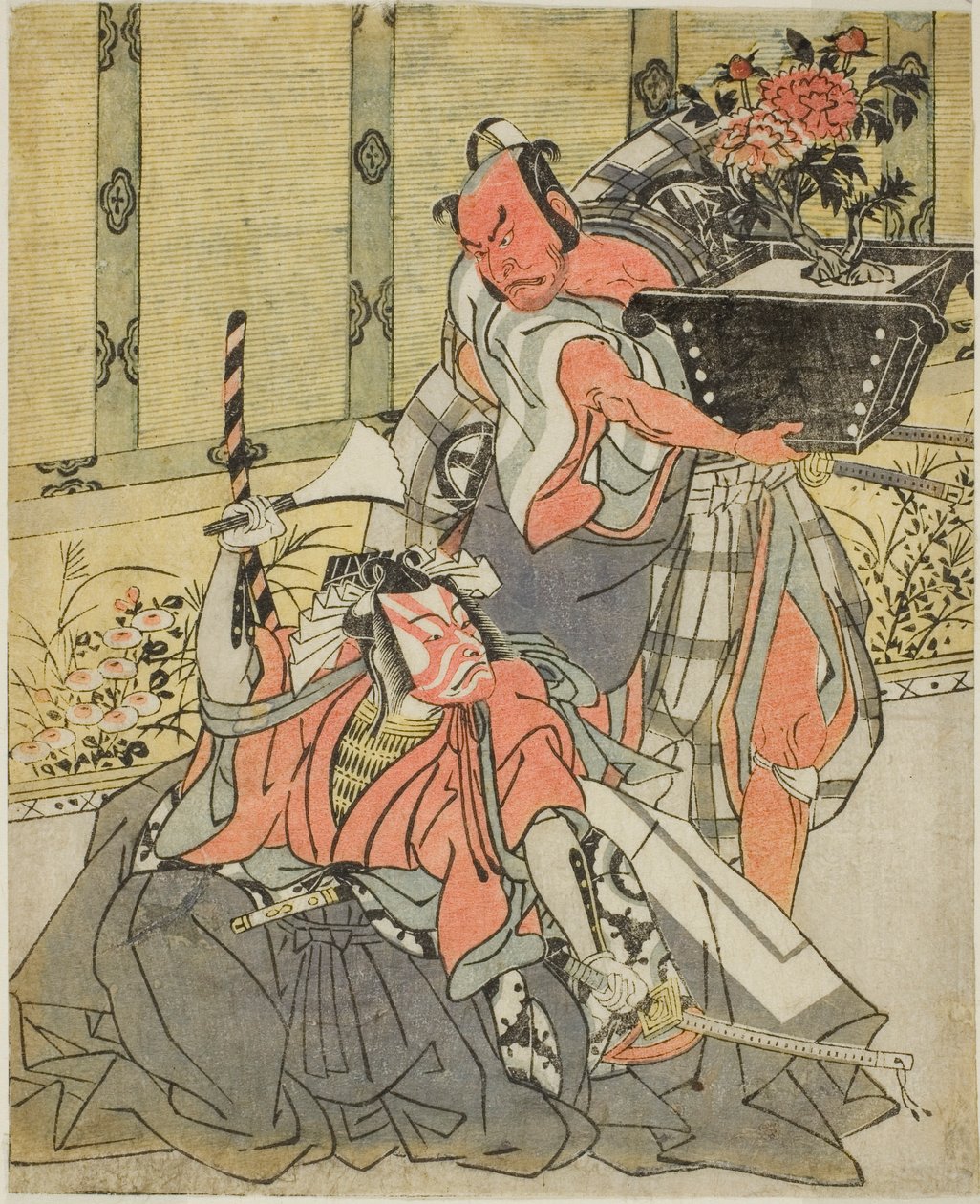 A színészek Otani Hiroemon III, mint Shinagawa Okaminosuke (jobbra), és Ichikawa Danjuro V mint Arashishi Otokonosuke (balra), a Fuki Kaete Tsuki mo Yoshiwara című darabban (Rethatted Roof: The Moon also Shines Over the Yoshiwara Pleasure District) adták e alkotó: Katsukawa Shunsho