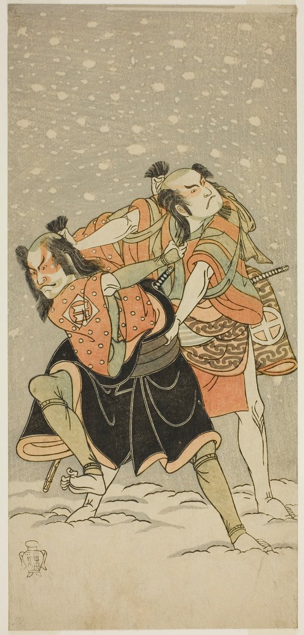A színészek Otani Hiroji III, mint Kameo (jobbra), és Sakata Sajuro I mint Ario (balra), a Hime Komatsu Ne no Hi Asobi című darabban, amelyet az Ichimura Színházban mutattak be a kilencedik hónapban, 1768 alkotó: Katsukawa Shunsho