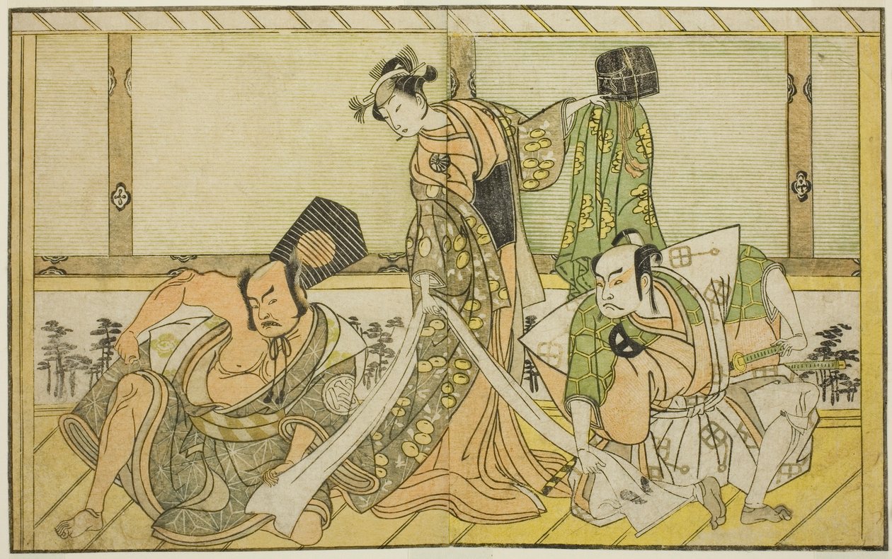 A színészek Otani Hiroji III, mint Kawazu no Saburo (jobbra), Segawa Kikunojo II mint Tatsu hercegnő (Tatsu Hime) (középen), és Nakamura Sukegoro II mint Matano no Goro (balra), a Myoto-giku Izu no Kisewata című darabban, előadva az Ichimura Színházban az  alkotó: Katsukawa Shunsho