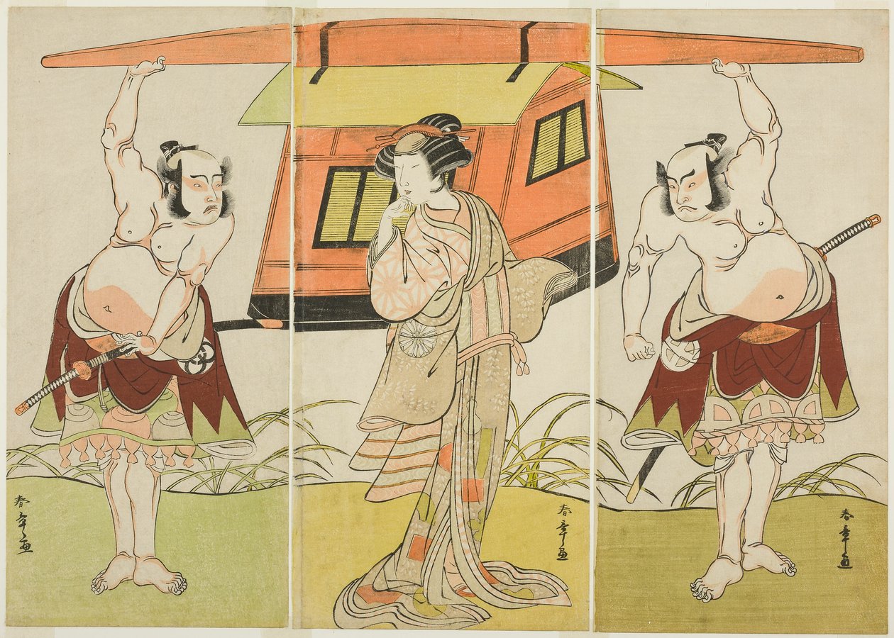 A színészek Otani Hiroji III mint Yokambei (jobbra), Nakamura Tomijuro I mint Kuzunoha (középen) és Bando Mitsugoro I mint Yakambei (balra), a Shinodazuma (A feleség a Shinoda Forestből) című darab utolsó jelenetében, kiegészítésként. a Play Kikyo-zom alkotó: Katsukawa Shunsho