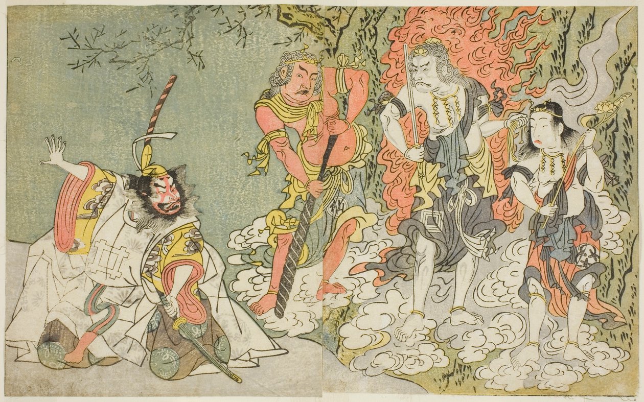 A színészek Sawamura Kijuro I, mint Ikazuchi Shinno, a Mennydörgés hercege (bal szélső), Ichikawa Danjuro V mint Fudo buddhista istenség (balról a második), Nakamura Sukegoro II mint Seitaka Doji (jobbról a második), és Bando Mitsugoro I mint Kongara Doji  alkotó: Katsukawa Shunsho