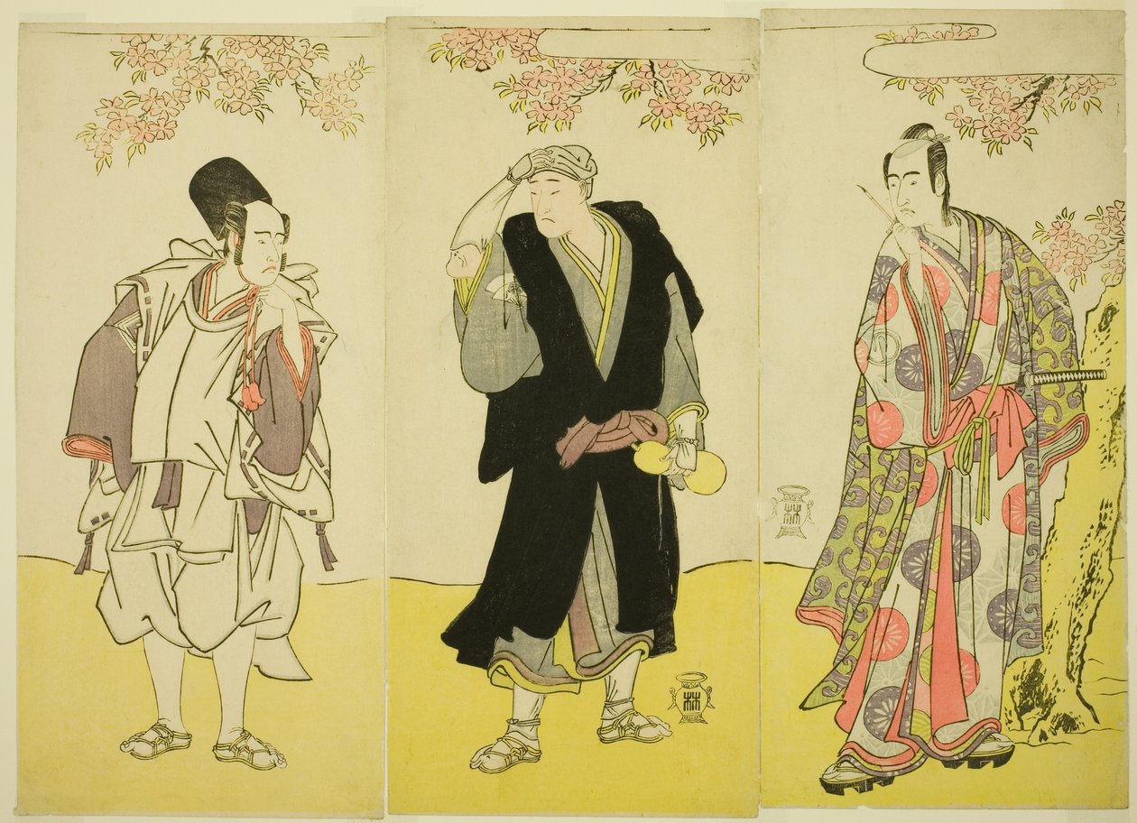 A színészek: Sawamura Sojuro III mint Kusunoki Tatewaki Masatsura (jobbra), Onoe Matsusuke I mint Sahei Bozu szerzetes (középen) és Ichikawa Yaozo III mint Kusunoki Uraminosuke, a herceg szolgája (balra), a Kumoi no Hana Yoshino no Wakamusha című darabban, alkotó: Katsukawa Shunsho