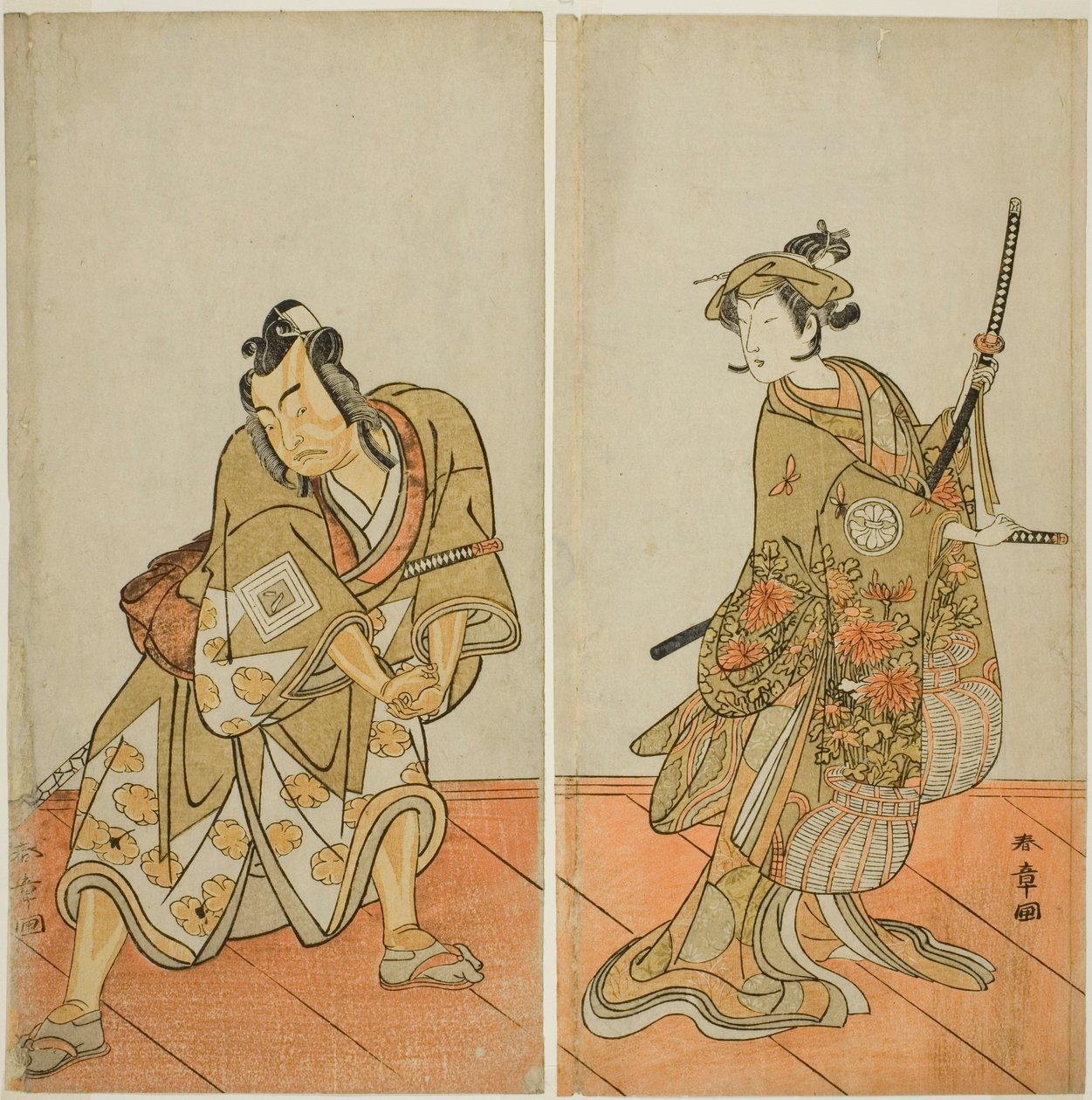 The Actors Segawa Kikunojo III as Aigo no Waka (right), and Ichikawa Yaozo II as Hachio-maru Aratora (left), in the Play Chigo Sakura Jusan Kane, Performed at the Ichimura Theater in the Eleventh Month, 1774 alkotó: Katsukawa Shunsho
