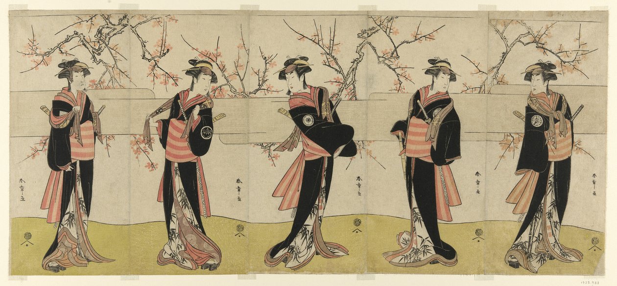 A színészek: Segawa Kikunojo III mint Karigane Obun, Nakayama Tomisaburo I mint An no Oyasu, Iwai Kiyotaro II mint Kaminari no Osha, Nakayama Tatezo I mint Gokuin no Osen és Ichikawa Monnosuke II mint Hotei no Oichi (jobbról balra) a Goninban Onna", az egy alkotó: Katsukawa Shunsho