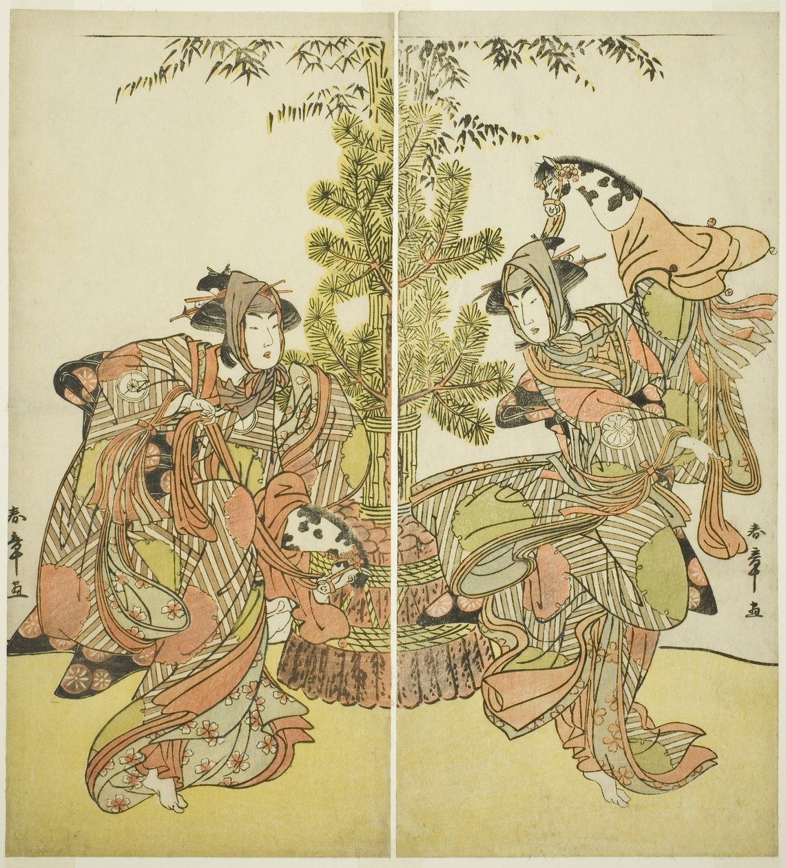 A színészek Segawa Kikunojo III, mint Yasukata (jobbra), és Iwai Hanshiro IV mint Utou (balra) a Godai Genji Mitsugi no Furisode című darabban, amelyet a Nakamura Színházban mutattak be a tizenegyedik hónapban, 1782 alkotó: Katsukawa Shunsho