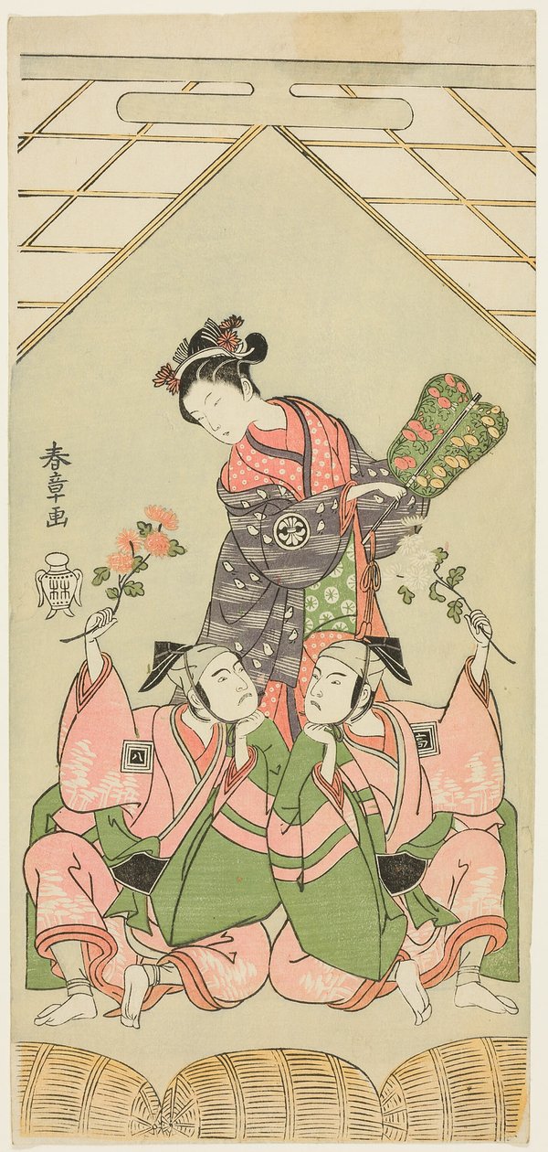 A színészek Segawa Kikunojo II, mint Reizei nedves nővér, Ichikawa Komazo I, mint Suruga no Hachiro a Shamisen-játékos Kichiroku képében (jobbra), és Ichikawa Yaozo II, mint Tada no Kurando a palankin hordozó Kichinai képében (balra), a Jelenetben alkotó: Katsukawa Shunsho