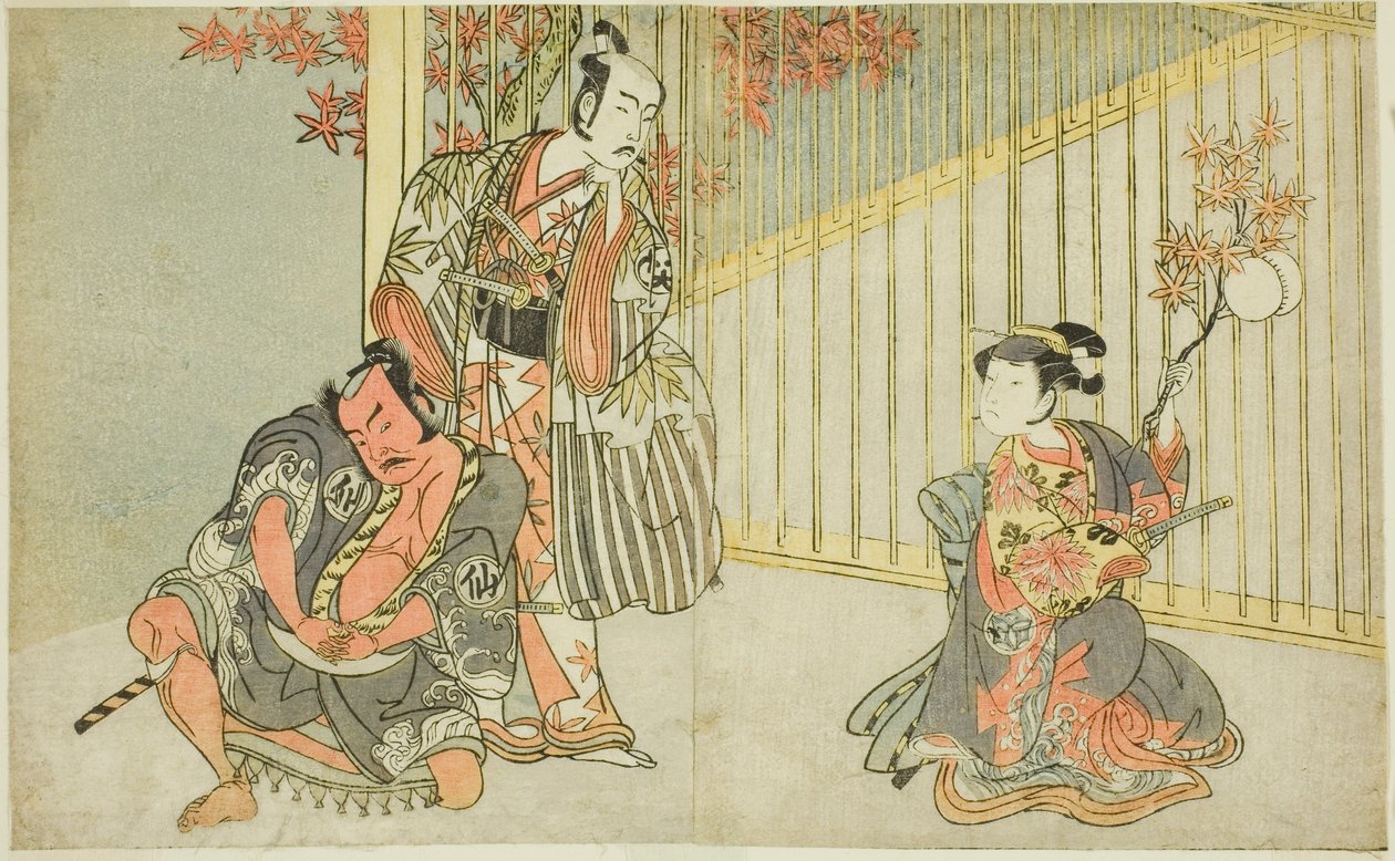 A színészek Yamashita Kinsaku II mint Mutsuhana (jobbra), Bando Mitsugoro I mint Kashiwagi no Emon (középen), és Nakamura Sukegoro II mint Akamatsu Mushanosuke (balra), a Fuki Kaete Tsukimo Yoshiwara című darabban (Rethatched Roof: The Moon is Shines Over) alkotó: Katsukawa Shunsho