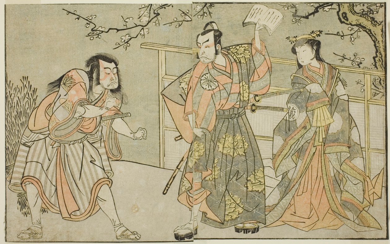 A színészek Yamashita Yaozo I szerepében Ono no Komachi (jobbra), Matsumoto Koshiro II mint Godai Saburo (középen), és Ichikawa Danzo III mint Otomo no Kuronushi (balra) a "Kuni no Hana Ono no Itsumoji" című darabban mutatták be a Nakamura Színház a tizene alkotó: Katsukawa Shunsho