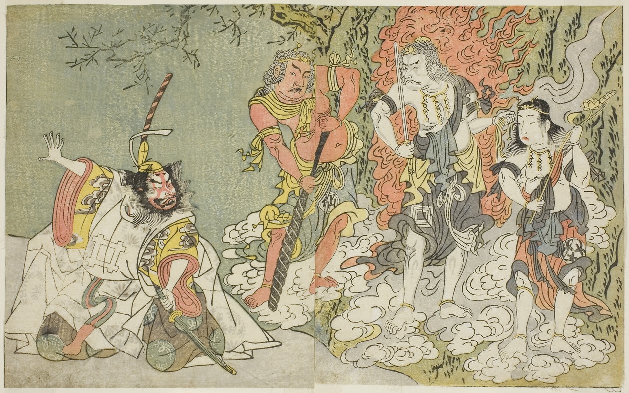 A Fuki Kaete Tsuki mo Yoshiwara (Rethatched Roof: The Moon also Shines Over the Yoshiwara Pleasure District) című darab, a Morita Színházban adták elő a tizenegyedik hónapban, 1771-72 körül (fametszet). alkotó: Katsukawa Shunsho