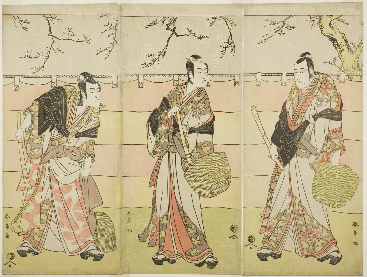 Három komuso szerzetes: Ichikawa Ebizo (V. Danjuro) Kudo Suketsune-ként (jobbra), Ichikawa Monnosuke II Soga no Juro Sukenariként (középen), és Ichikawa Omezo I Soga no Goro Tokimuneként (balra), a darab hatodik felvonásában Waka Murasaki Edokko Soga (halv alkotó: Katsukawa Shunsho