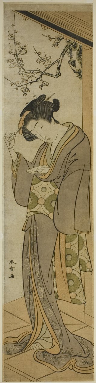 Nő a verandán, hamarosan levelet nyit alkotó: Katsukawa Shunsho