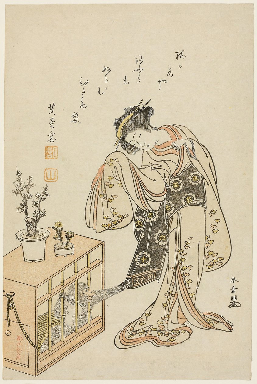 Young Woman with a Caged Monkey (Calendar Print for New Year 1776) alkotó: Katsukawa Shunsho