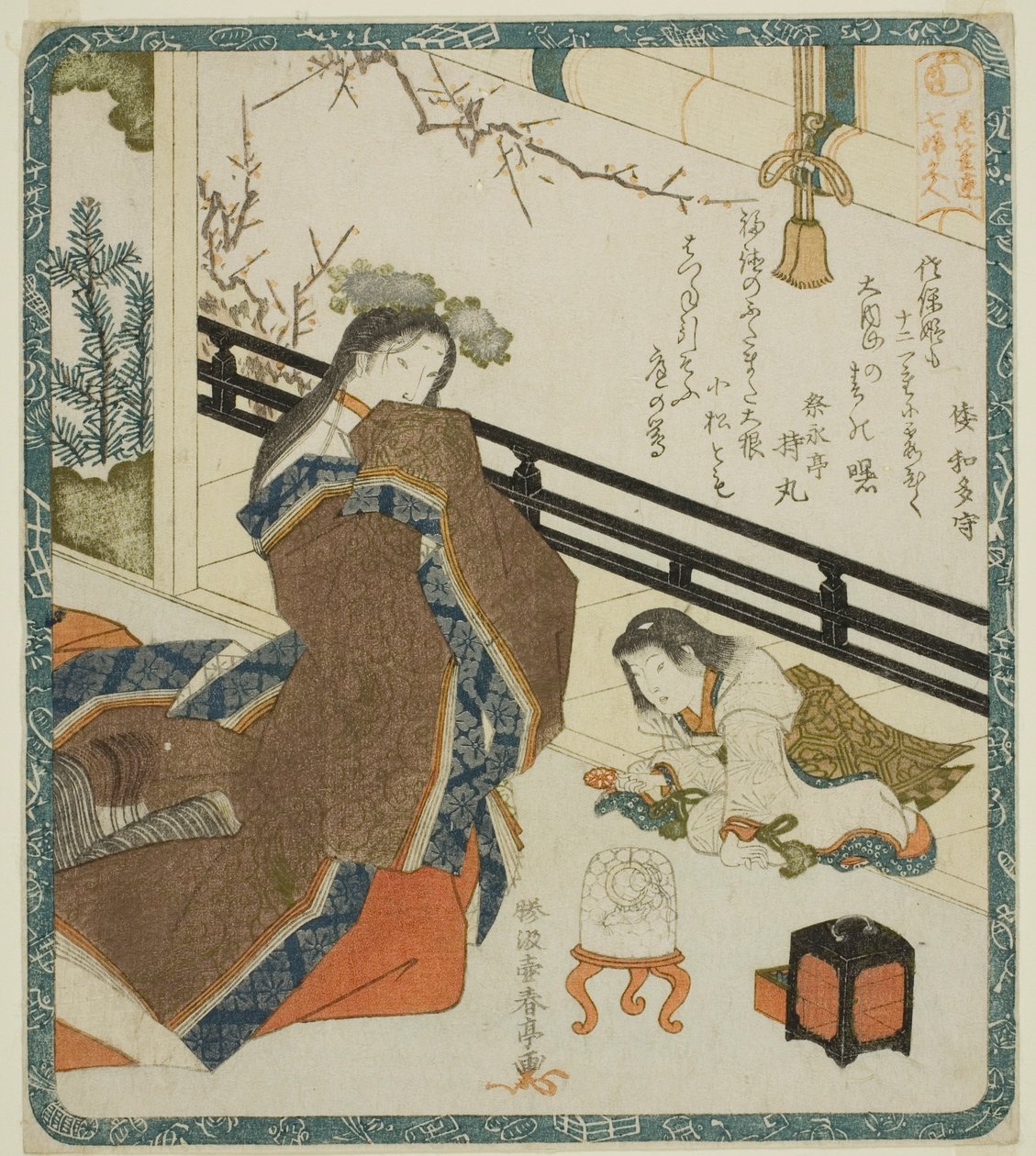 Egy udvarhölgy, mint Daikoku, a "Hét nő, mint a szerencse istenei a Hanagasa Poetry Club számára (Hanagasaren shichifukujin)" sorozatból. alkotó: Katsukawa Shuntei