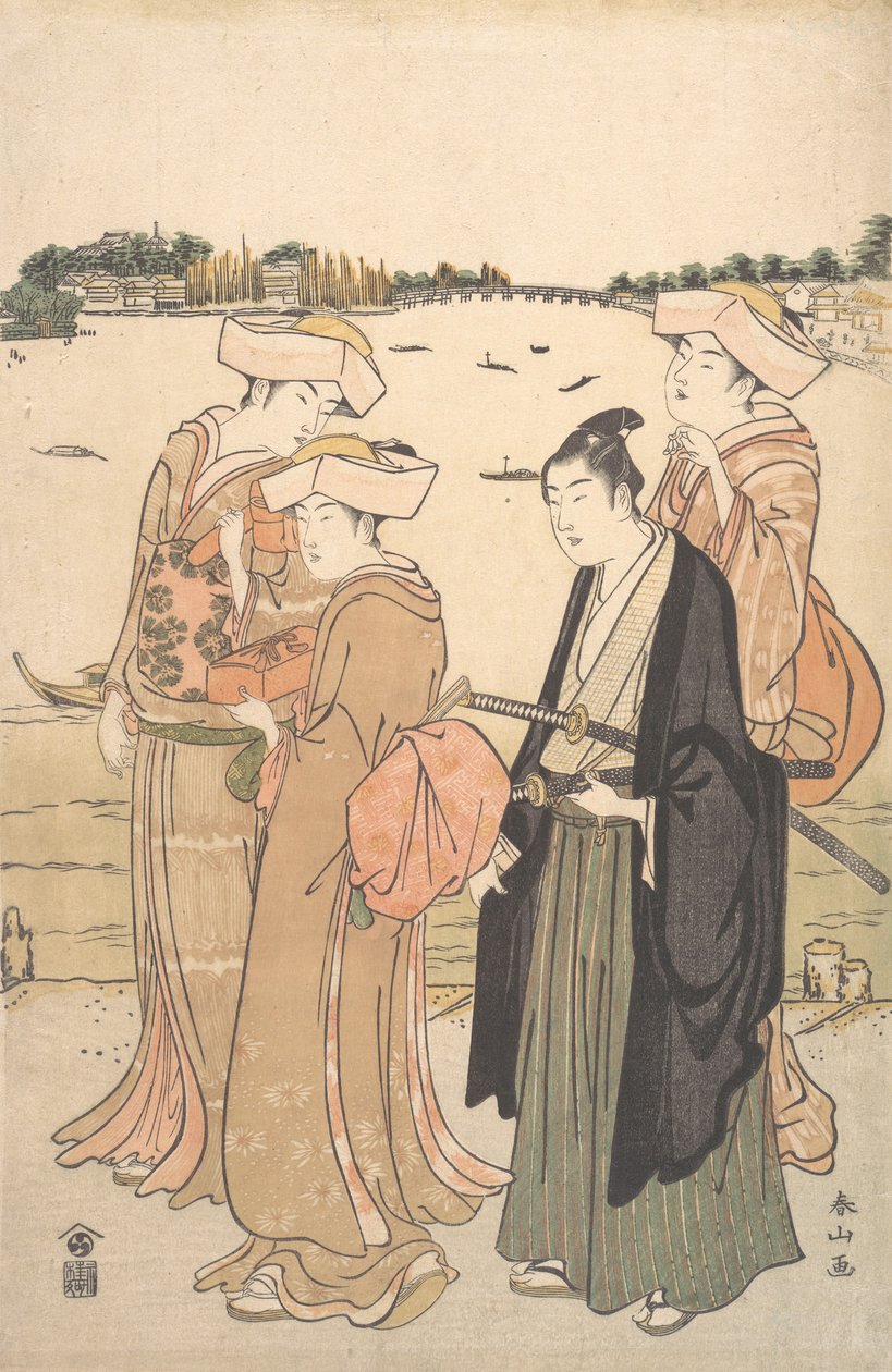 Egy fiatal szamuráj és három nő, kb. 1789. alkotó: Katsukawa Shunzan
