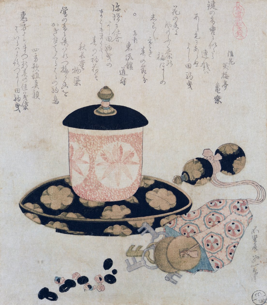 Egy fazék tea és kulcsok, 1822 (színes fanyomat) alkotó: Katsushika Hokusai