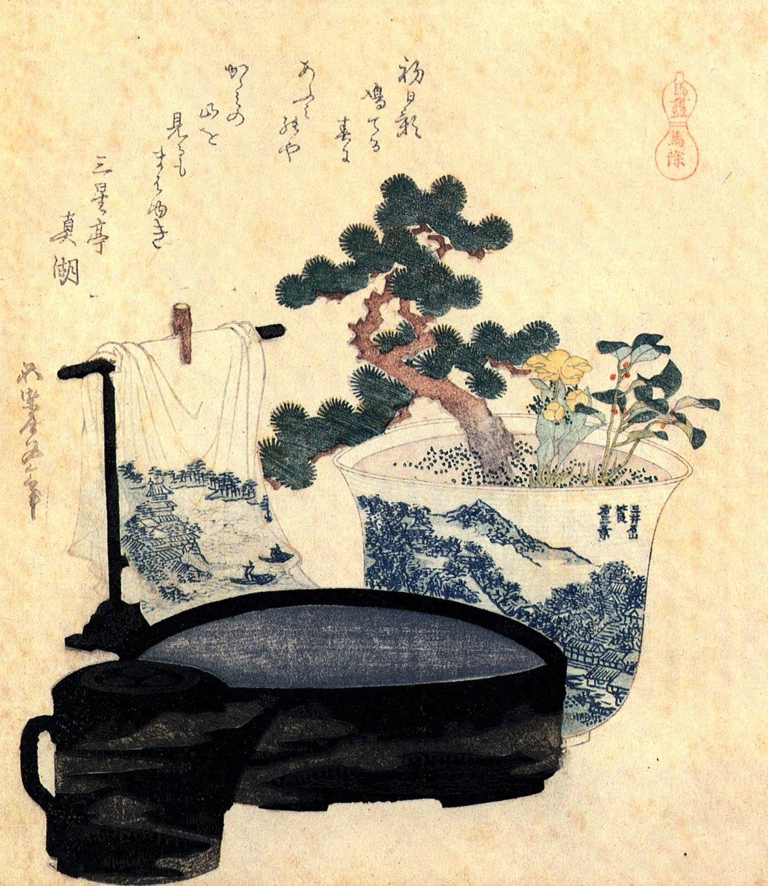 Lakkozott mosdó és tönköly alkotó: Katsushika Hokusai