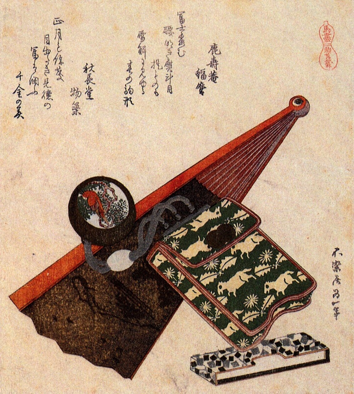 Bőr tasak kagami Netsuke ona részben nyitott ventilátorral alkotó: Katsushika Hokusai
