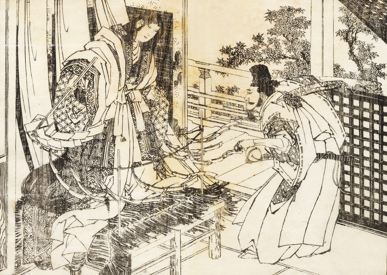 Egy nő a shinto szentélyben van egy bot, sok papírlevéllel alkotó: Katsushika Hokusai