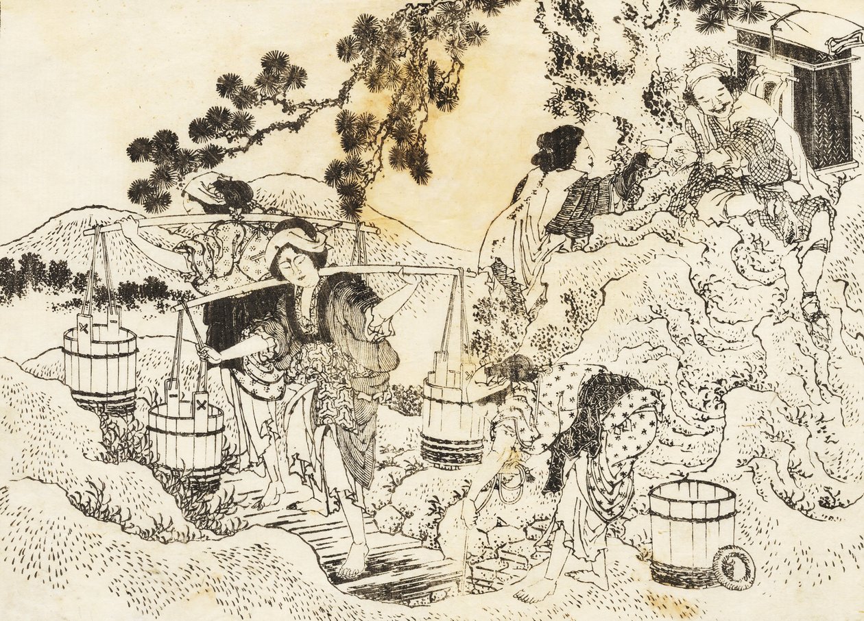 Négy nő nagyon keményen dolgozik, és víztartályokat hord alkotó: Katsushika Hokusai