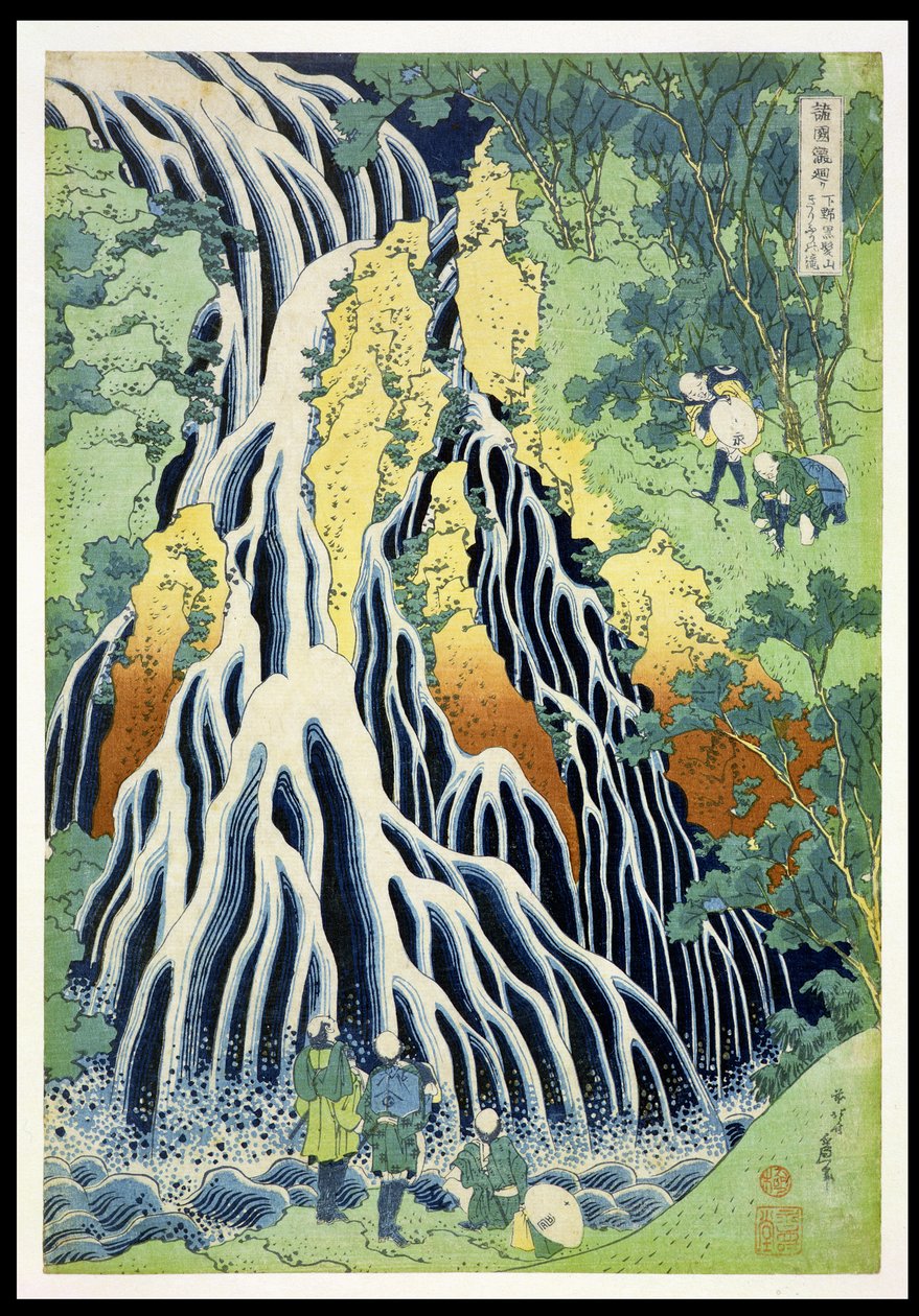 Kirifura-vízesés a Kurokawa-hegyben”, az „Utazás az összes tartomány vízeséseihez” („Shokoku taki meguri”) sorozatból, Nishimura Eijudo, 1832 körül (kézzel színezett fatömbnyomat) alkotó: Katsushika Hokusai