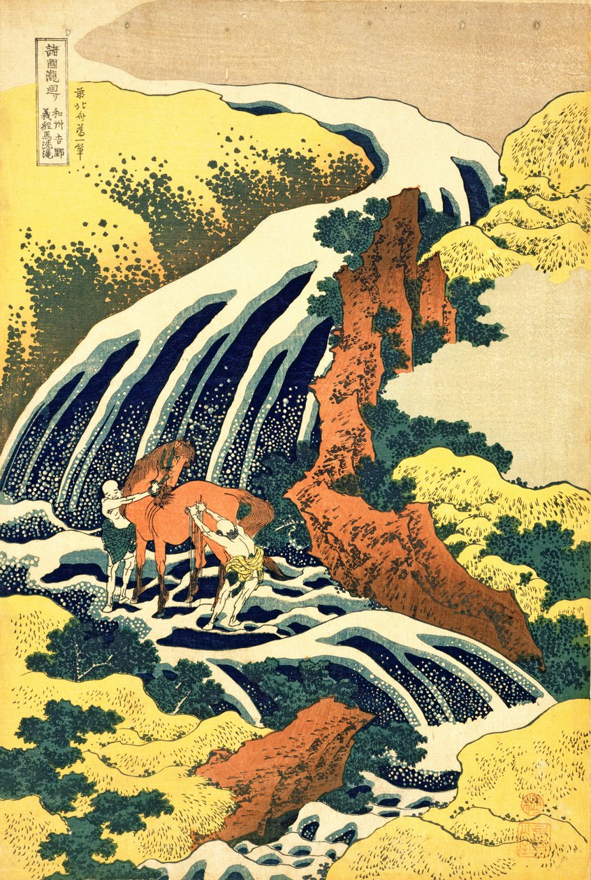 A vízesés, ahol Yoshitsune megmosta a lovát”, 4. sz. az „Utazás az összes tartomány vízeséseihez” sorozatban, pub. Nishimura Eijudo, 1832 körül (kézzel színezett fatömbnyomat) alkotó: Katsushika Hokusai