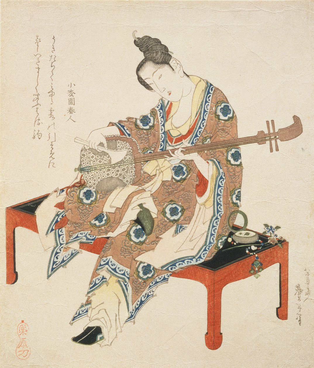 Kínai szépség, aki a Shamisenen játszik, 1833-34 körül (fatömbnyomat) alkotó: Katsushika II Taito