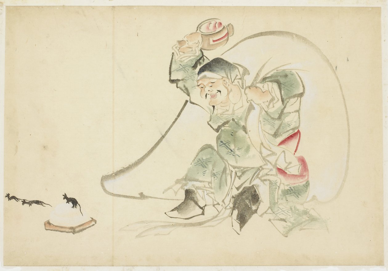 Daikoku, a boldogság istene a varázslatával Kalapács alkotó: Katsushika (school of) Hokusai