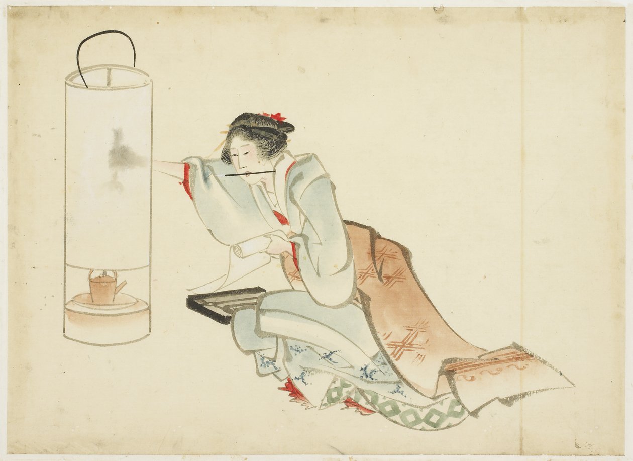 Lady Adjusting a Lamp, 1815-1849 körül (tinta és szín a papíron) alkotó: Katsushika (school of) Hokusai