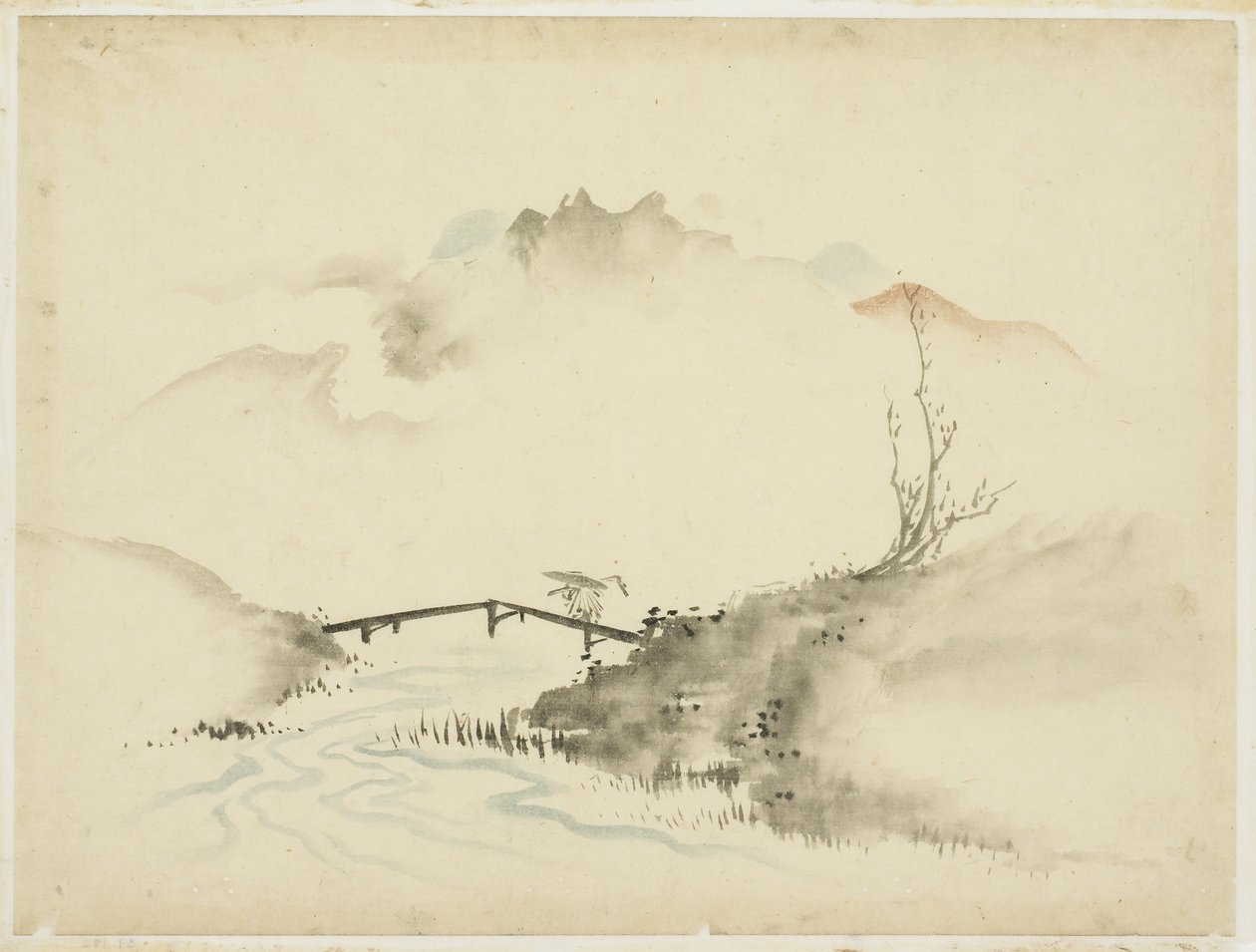 Táj a Farmer Crossing híddal, 1615-1868 (tinta és szín papíron) alkotó: Katsushika (school of) Hokusai