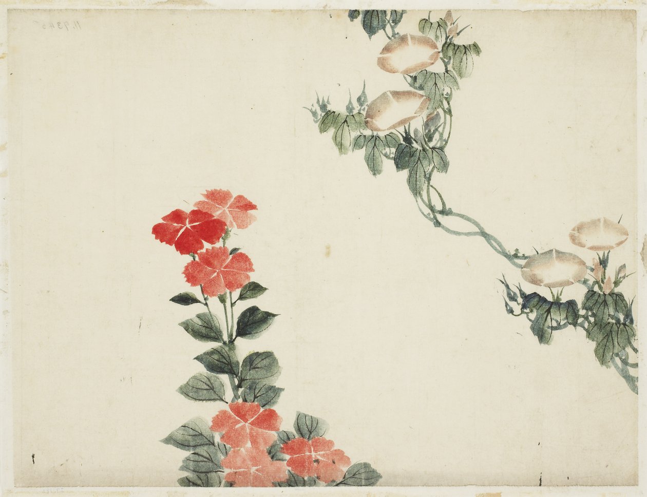 Reggeli dicsőség és vörös virágok alkotó: Katsushika (school of) Hokusai