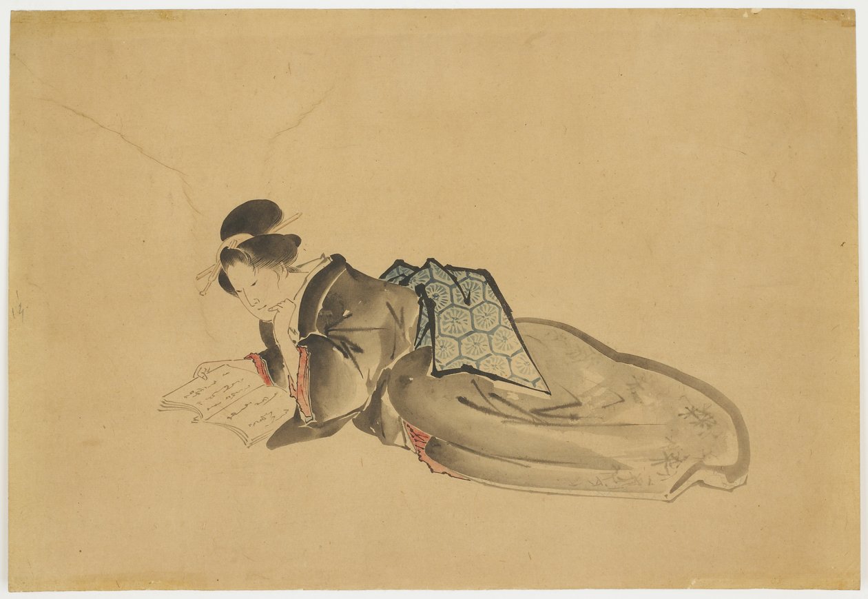 Fekvő udvarhölgy-olvasás, 1850 körül (tinta és színes papíron) alkotó: Katsushika (school of) Hokusai