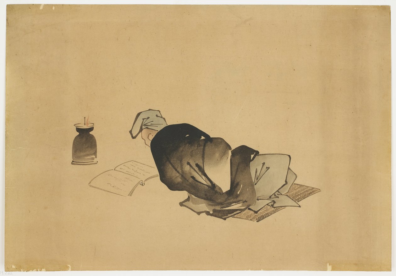 Fekvő ember, lámpafénynél olvas, kb. 1850 (tinta és színes papíron) alkotó: Katsushika (school of) Hokusai