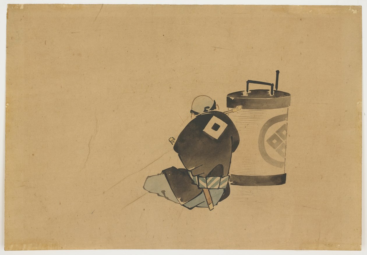 Ülő kísérő dohányzás lámpa mellett, kb. 1850 (tinta és színes papíron) alkotó: Katsushika (school of) Hokusai